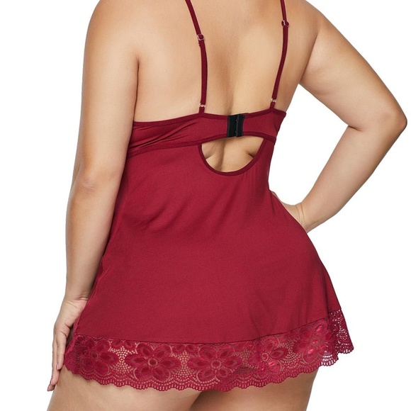 Queen Size Cranberry Strappy Lace Babydoll - Picture 3 of 7